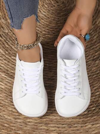 Extra Wide Width Women's Sports Shoes, Minimalist Style Leather Upper With Lace-Up Front Closure, Suitable For Outdoor Activities And Casual Wear, Non-Slip Comfortable Walking Shoes