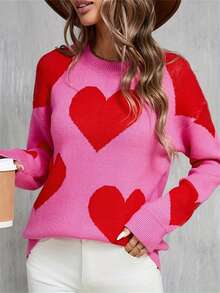 Women's Cute Heart Print Sweaters Long Sleeve Round Neck Loose Pullover Spring Fall Tops - Pink - View 3