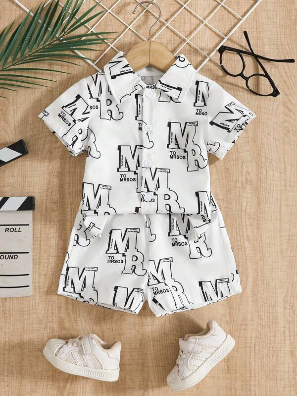 2pcs Baby Boys' Casual Letter Print Shirt And Sports Shorts Set, Summer