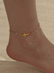 Damen Fuß Knöchelarmband in Gold mit kleinen Perlen und zufällig farbigen Perlen, einfacher Strandsommer Fußschmuck, Schmuckgeschenk
