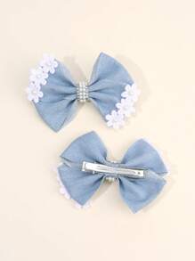 2pcs Denim Hair Bows For Women Girls Solid Color Denim Bow Alligator Clips With Pearl Flower Elegant Vacation Bow Hair Clips Casual Bow Barrettes Women Hair Accessories ,Flat Claw Clip
