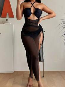 2pcs Set Solid Color Casual Elegant Sexy Net Insert Back Tie Ruffle Drawstring Swimsuit, Suitable For Beach, Travel, Workout, All Season