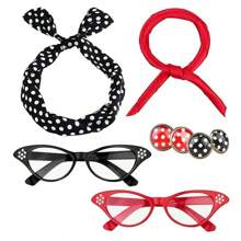 D EXCEED 6PCS Vintage 1950s Women's Accessory Collection | Retro-Inspired Prop Cat-Eye Glasses, Scarf Collar Headbands & Silk Hair Scarves With Polka Dot Stud Earrings - Perfect For Vintage-Themed Parties & Events