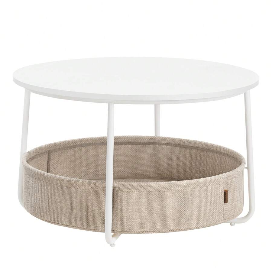 VASAGLE - Mesa de Centro Redonda con Almacenamiento, Mesa Central Redonda para Sala de Estar con Cesta de Tela, Estilo Moderno, Marco de Metal, Blanco Mate y café Camello ULCT244W10 - Blanco - Ver 1