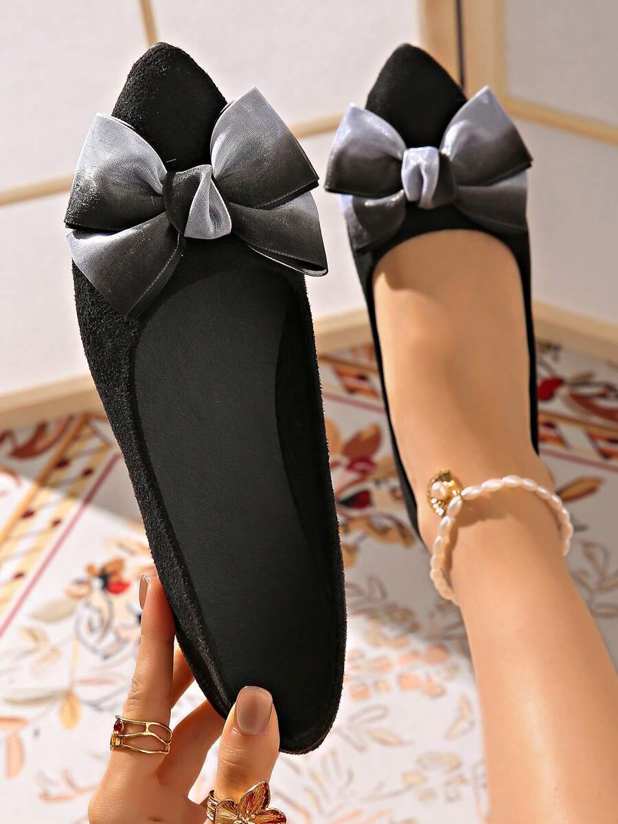 Distinctive Bowknot Girls Classic Pointed Toe Flat Shoes - Low-Cut Soft Bottom Round Toe Slip-On Shoes, Lightweight & Comfortable - Fashionable Bowknot Design Showcases Elegance, Princess Shoes - Classic, Fashionable, Elegant, Versatile - Black - View 1