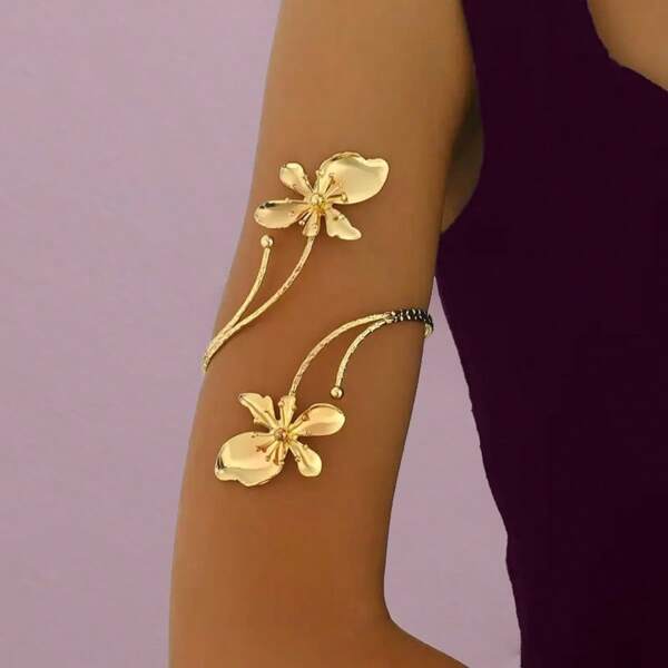 1pc Elegant Floral Design Metal Bangle Bracelet, Unique And Stylish, Showcasing Feminine Charm, Suitable For Commute, Shopping, Party And Other Occasions, Great For Creating Festival Atmosphere