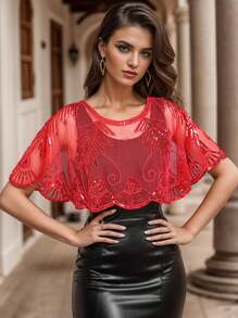 1 peça Poncho formal brilhante feminino com lantejoulas enfeitadas, formato de gota d'água, detalhes de franjas com borlas e contas, acessórios para mulheres, dia dos namorados