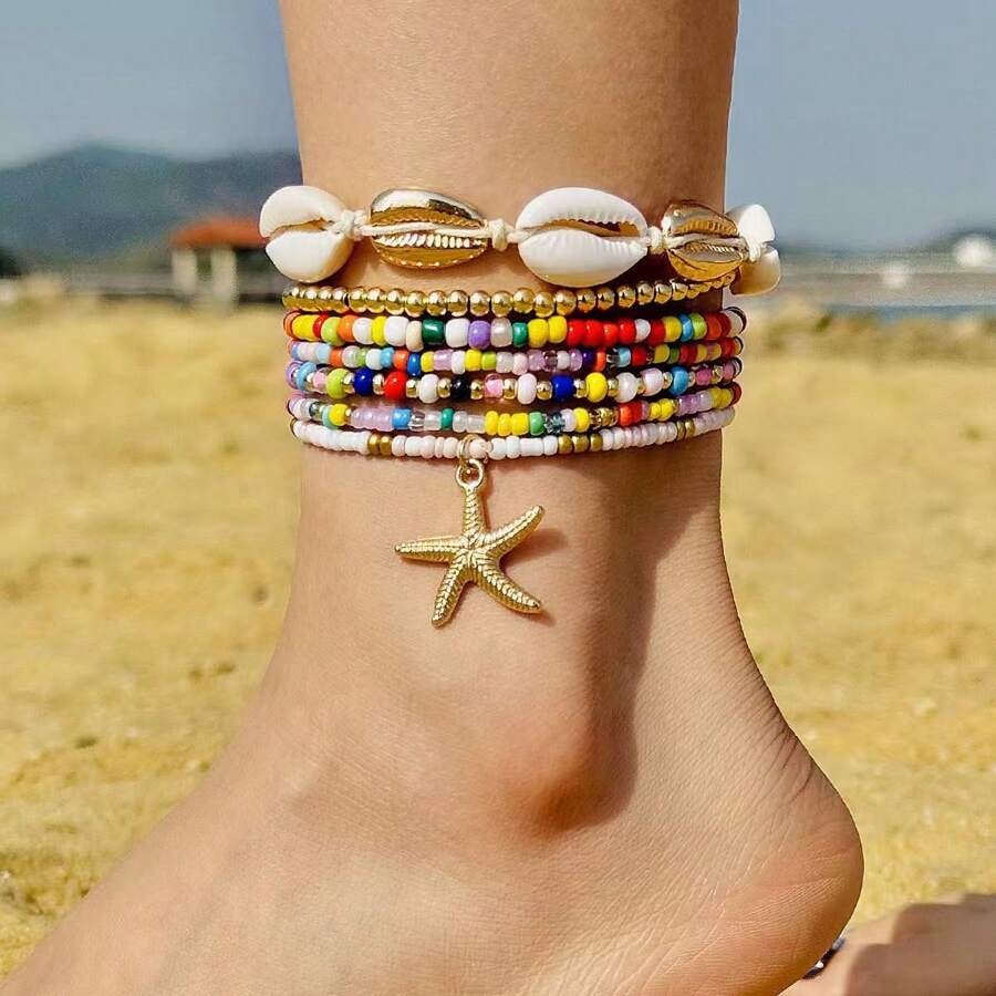 1 Set Nuevo diseño de tobillera de cadena con cuentas de colores, versátil para mujeres