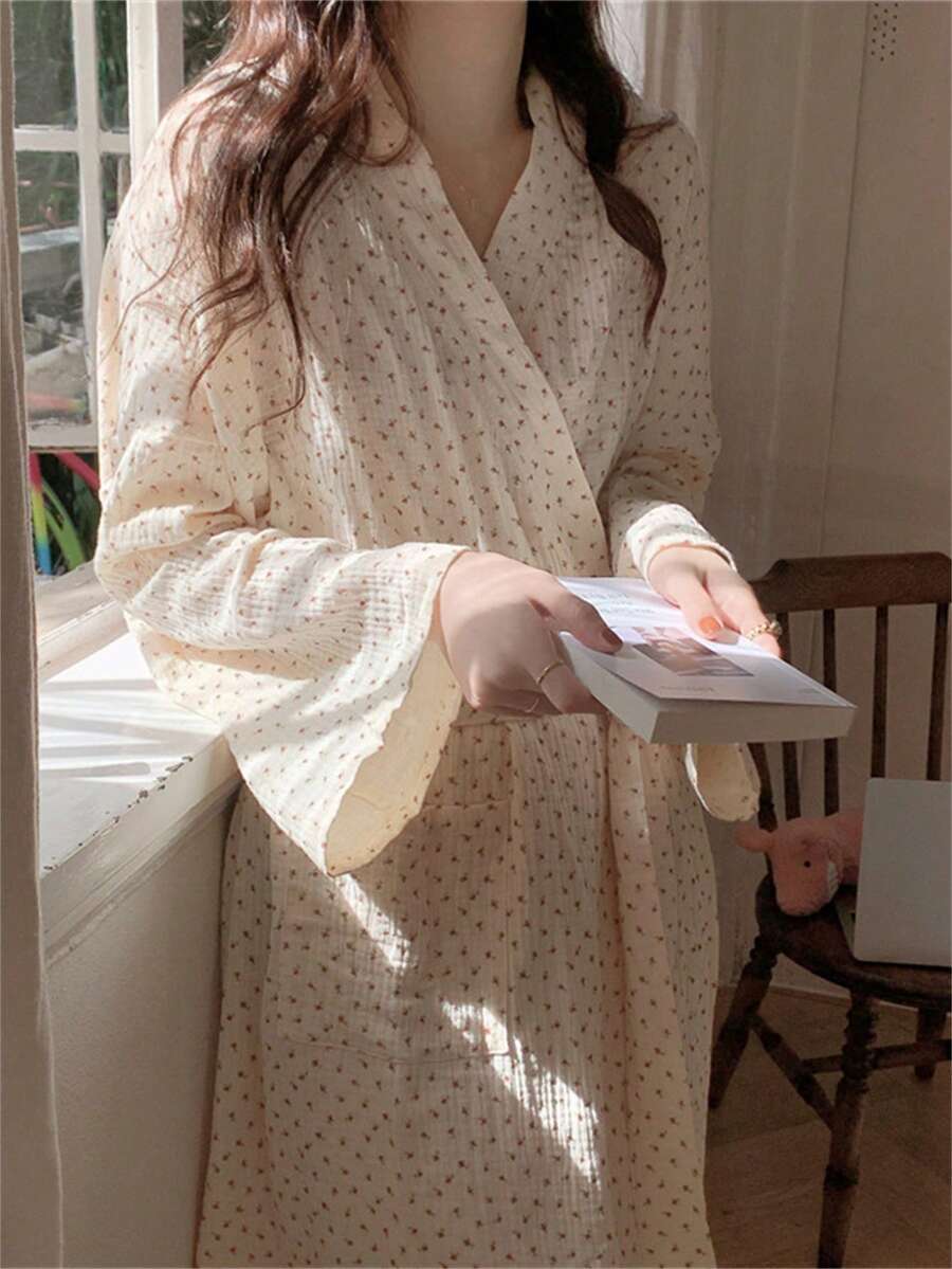 1 Pc Women's Spring/Autumn New Korean Style Ditsy Floral Long Robe, Loose Kimono Bathrobe Back To School - Multicolor - View 1