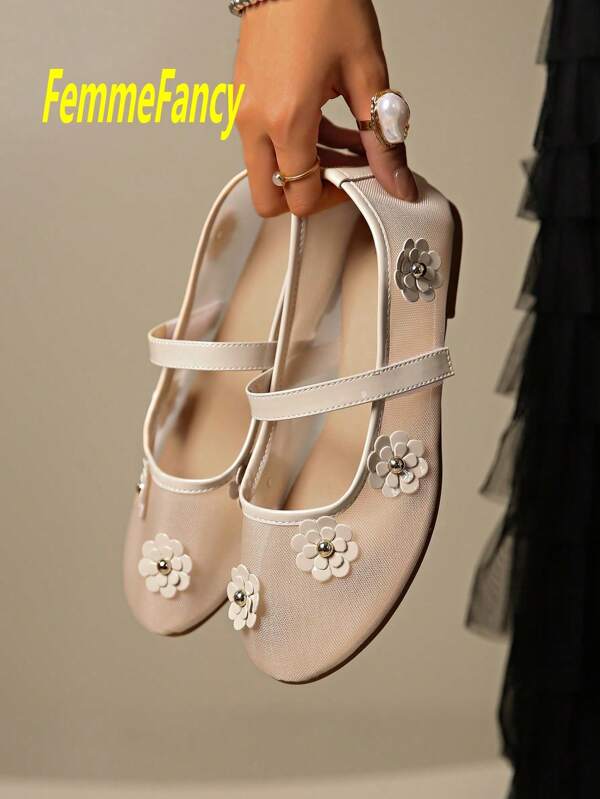Damen Frühlings-/Sommer-Mode Spitzen-Mesh atmungsaktive flache Slippers, bequeme weichsohlige rutschfeste Arbeitsschuhe, komplett mit floraler Stickerei dekorierte Ballerina-Flats, niedliche rosa Mary Jane Lässig Mesh Schuhe