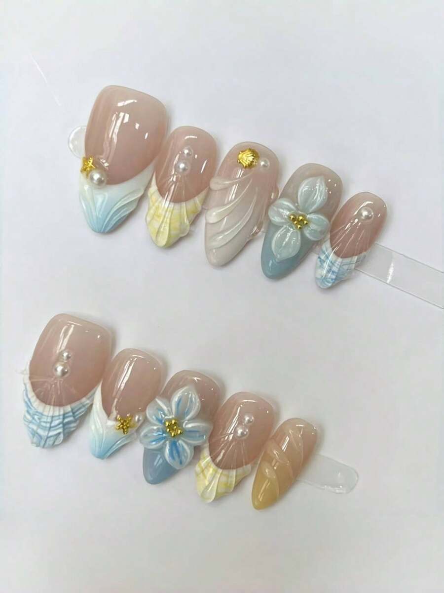 十件套可重复使用的法式杏仁形 3D 花朵全覆盖指甲贴纸，适合女士，非常适合度假和休闲穿着，按压指甲，美甲用品，指甲 - 藍白色 - 查看 1