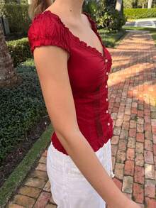 Women's Y2K Fairycore Shirt Top Vintage Cap Sleeve Button Down Ruffle T Shirts Tops Solid Color Slim Fit Frill Tees Summer Blouses Casual Going Out Tops Aesthetic Clothes Streetwear - 紅色 - 查看 4