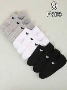 1/6/9/10/15 Pairs Women Cute Solid Heart Boat Socks, Soft & Comfortable, Moisture-Wicking, Suitable For Sports & Casual Wear