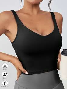 1pc Women's Short Nylon Tight Fit Sports Camisole With Removable Bra Pads, Back Slimming, Suitable For Spring/Summer - 黑色 - 查看 1