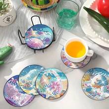8pcs/Set Diamond Paint Cup Coaster Set, Acrylic Starfish & Shell Coasters (With Holder) - Home Decor DIY Diamond Art Craft Kit For Beginners, Adults, Artificial Diamond Art Craft Supplies Gift - Multicolor - View 6
