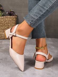 Giày sandal mũi nhọn màu trơn tối giản cho nữ, thiết kế khóa cài, giày lười đế thấp thanh lịch thoải mái, phù hợp cho mùa xuân, hè và thu! Màu be và đen cổ điển, phù hợp để đi làm, dự tiệc và những dịp trang trọng, giày cao gót đế thô thời trang giản dị - Màu be - Xem 5