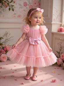 1件女婴荷叶边薄纱蝴蝶结可爱一周岁生日派对连衣裙，适合花童婚礼庆典，附赠发带