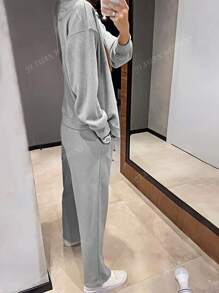 Conjunto de 2 piezas talla grande para mujer, chaqueta de punto casual deportiva con botones y pantalones con cordón
