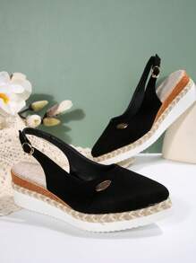 Women's Fashion Sexy Wedge Platform Shoes, Pointed Toe Color Block Splicing Shoe Upper, Mule Backstrap Design Sandals, Soft And Comfortable Woven Rope Soles, High Waterproof Platform With Adjustable Buckle, Elegant Fairy Style Shoes