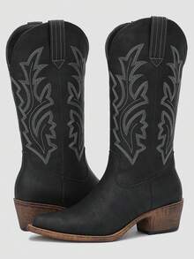 GLOBALWIN Women's Mid Calf Western Cowboy Boots Cowgirl Boots For Women With Floral Embroidery Side Zipper Chunky Heel Fall Boots Halloween Season - 23YY13 黑色2 - 查看 1