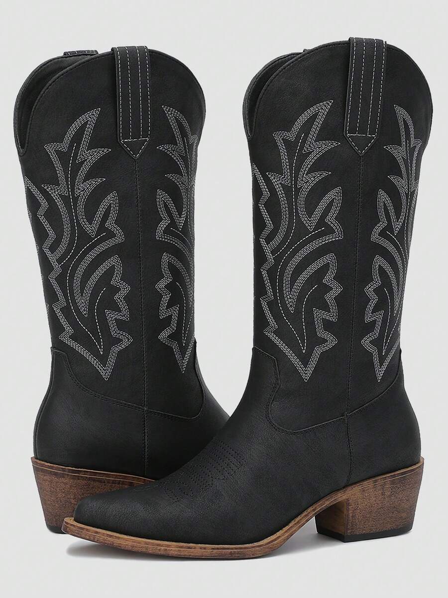 GLOBALWIN Women's Mid Calf Western Cowboy Boots Cowgirl Boots For Women With Floral Embroidery Side Zipper Chunky Heel Fall Boots Halloween Season - 23YY13 黑色2 - 查看 1
