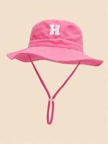 1 件儿童心形和字母印花太阳帽，休闲风格，配有可调节防风绳，婴儿渔夫帽，适合户外海滩防晒 - 深粉-貼片字母 - 查看 73