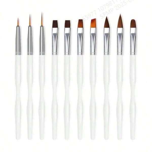 10 Peças/Conjunto Pincéis Profissionais de Arte de Unhas com Diferentes Tipos de Pontas, Branco
