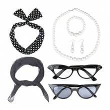 D EXCEED 6PCS Vintage 1950s Women's Accessory Collection | Retro-Inspired Prop Cat-Eye Glasses, Scarf Collar Headbands & Silk Hair Scarves With Polka Dot Stud Earrings - Perfect For Vintage-Themed Parties & Events