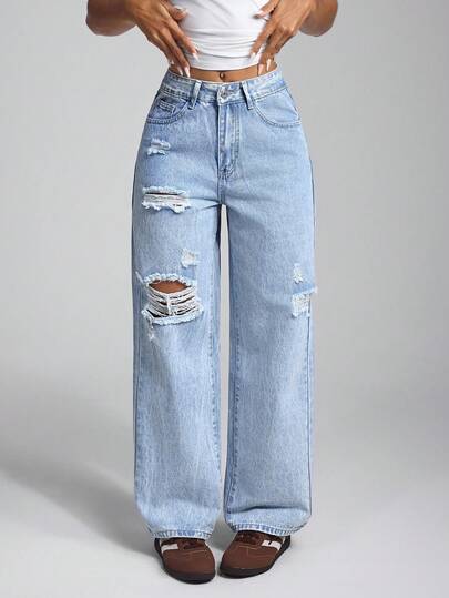 Jeanoix 破洞休闲水洗直筒牛仔裤