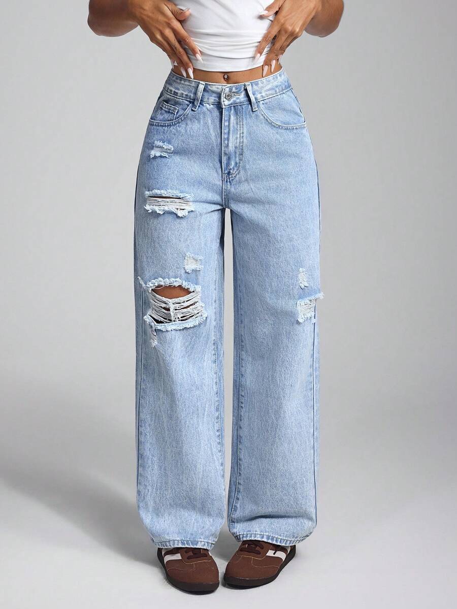 Jeanoix Holes Ripped Casual Water Wash Straight Jeans - Medium Wash - View 1
