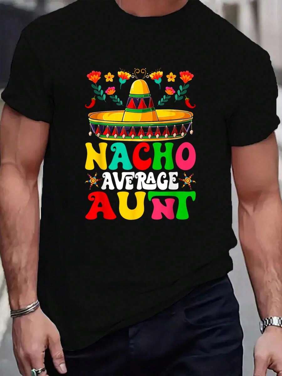 Camiseta de manga corta de cuello redondo cómoda con estampado de "No soy una tía promedio, soy una tía feliz" de 100% algodón, para primavera y verano, ropa de hombre - Negro - Ver 1