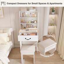 23.62" Modern Mini Dressing Table With LED-Lit Mirror & Hidden Storage,Includes Padded Stool, Adjustable Brightness Vanity Desk, Multi-Tier Dust-Proof Shelves,White - 美規A型插(110-127V) - 查看 5