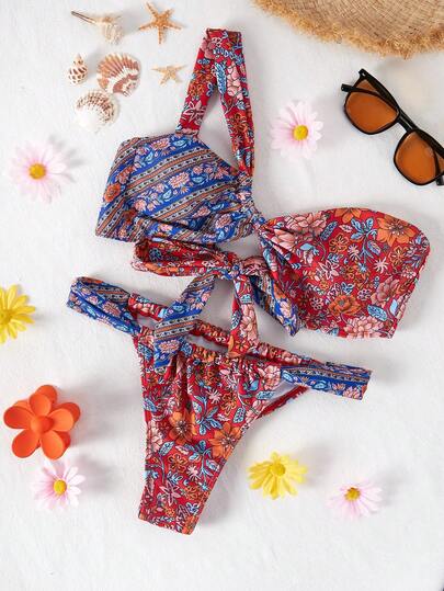 Bộ bikini mùa hè in họa tiết, cổ áo bất đối xứng, có dây rút