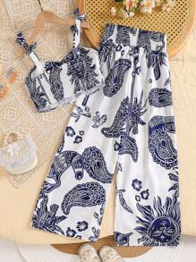 2 peças/Conjunto Casual de Meninas Pré-adolescentes com Laço e Conjunto de Calça Reta de Cintura Alta, Adequado para Férias na Praia, Verão