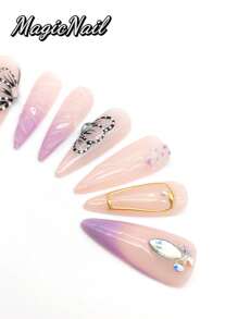 10 Pieces Of Pure Hand-Pressed Wearable Nails, Press On Nails,Nail Supplies,Nails Ptess On,Beach Essentials,33mm Long Nail Pieces, Pink And White Purple Gradient, Hand-Painted Black Butterfly Wing Patterns, Hand-Made Raised Flowers Purple Rhinestone Stamens, Other Aquatic Animal Footprints, Raised Lines To Decorate The Nail Surface. Spring And Summer Style, Cute Nail Plate, Can Be Worn Repeatedly. Suitable For Daily Leisure And Vacation Wear.