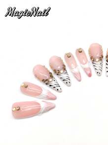 10 Pieces Of Pure Hand-Pressed Wearable Nail, Press On Nails,Nail Supplies,Nails Ptess On,Beach Essentials,33mm Long Nail Pieces, Pink And White Contrasting Colors, Hand-Painted Black Striped Decoration, Yellow Rhinestones Forming Arc Decoration, Convex Lines Are Threaded. Spring And Summer Style, Cute Nail Film. It Is Suitable For Daily Leisure And Vacation.