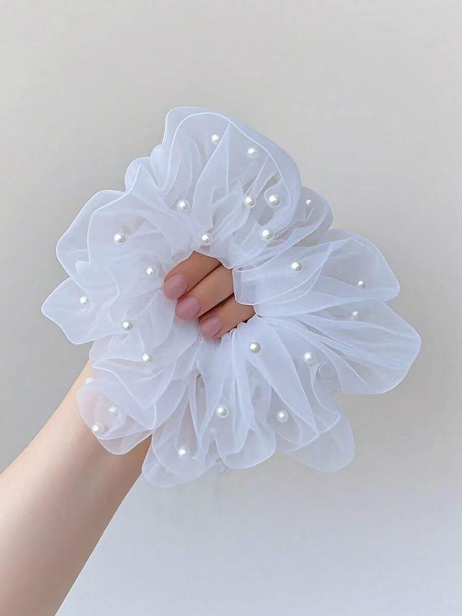 1pc French Bridal Faux Pearl Mesh Big Hair Scrunchies, Hair Accessories