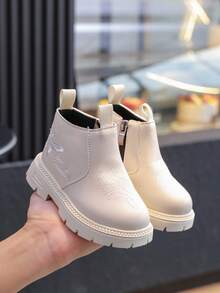 1 双儿童秋冬新款侧拉链刺绣靴，时尚百搭女童刺绣户外防滑靴 - 米色 - 查看 6