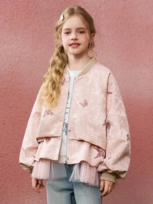 ASK JUNIOR 女童粉色可爱网眼拼布连衣裙，背面饰有水钻蝴蝶结，配有开衫 - 粉色 - 查看 3