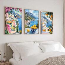 3 套无框夏季意大利阿马尔菲海岸旅行海报墙面艺术帆布印刷简约抽象地中海风景复古绘画适用于公寓、客厅、卧室、现代家居装饰、美学装饰 - 彩色 - 查看 4