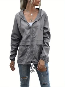 Women Water Resistant Hooded Jacket, Solid Color Zipper Open Front Drawstring Coat, L/ XL/ XXL - Dark Grey - View 5