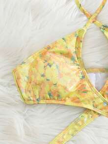 Women's Sexy Plunge Neck Backless Crossed Straps Cutout Allover Print Letter Pattern One-Piece Bikini Swimsuit - Gold - View 4