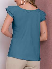 Women's Blouse Ruffle Short Sleeve Tank Top Summer Fashion T-Shirt - Teal Blue - View 2