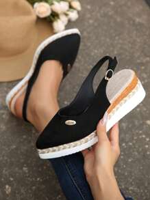Women's Fashion Sexy Wedge Platform Shoes, Pointed Toe Color Block Splicing Shoe Upper, Mule Backstrap Design Sandals, Soft And Comfortable Woven Rope Soles, High Waterproof Platform With Adjustable Buckle, Elegant Fairy Style Shoes