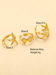 Set de 3 anillos abiertos de estilo vacacional con estrella de mar y conchas, inspirados en el océano y la playa, para fiesta y regalo