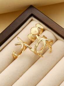 Set de 3 anillos abiertos de estilo vacacional con estrella de mar y conchas, inspirados en el océano y la playa, para fiesta y regalo