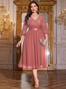 Plus V Neck Sequin Floral Lace 3/4 Sleeve Ruffle Chiffon Hem Formal Evening Party Dress, Elegant Wedding Guest Gown,For Graduation,Dinner,Homecoming - 藕粉色 - 查看 3