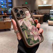 Vintage Floral Lily Pattern TPU Phone Case For IPhone 16 15 14 Pro Max 13 12 11 XR XS Plus Shockproof Drop Protection Rugged Durable Silicone Cover Cellphone Protective Flower Casing - 酒紅色 - 查看 10