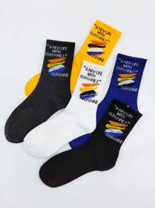 5 Pairs Men's Sports Socks, Korean Style Striped & Letter Print Street Couple Mid-Calf Long Socks