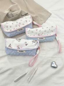 1 件韩式碎花图案多功能文具袋，大容量学生铅笔盒，化妆刷收纳袋，返校，学校用品，铅笔袋，书包 - 彩色 - 查看 3